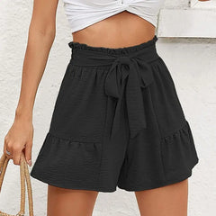 Summer High Waist Bow-knot Lace Up Loose Elastic Waist Patchwork Above Knee Length Female Pants Short