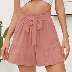 Summer High Waist Bow-knot Lace Up Loose Elastic Waist Patchwork Above Knee Length Female Pants Short
