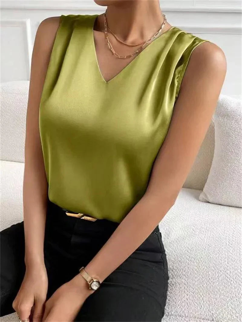 Summer Casual Color Sleeveless V-Neck Satin Fabric Blouse