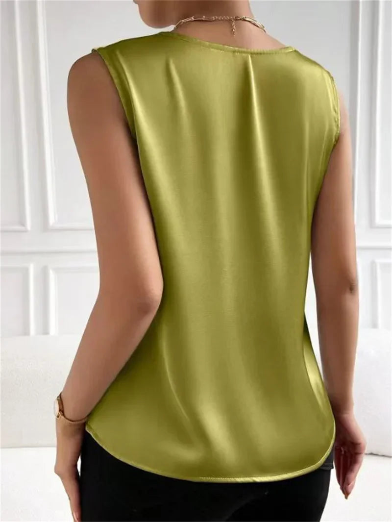 Summer Casual Color Sleeveless V-Neck Satin Fabric Blouse