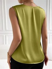 Summer Casual Color Sleeveless V-Neck Satin Fabric Blouse