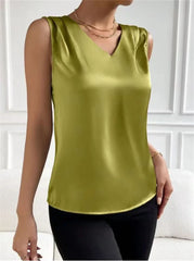 Summer Casual Color Sleeveless V-Neck Satin Fabric Blouse