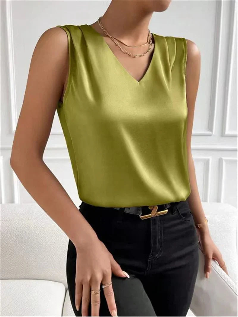 Summer Casual Color Sleeveless V-Neck Satin Fabric Blouse