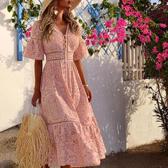 Sweet V Neck Hollow Out Single-Breasted Lace Long Dress