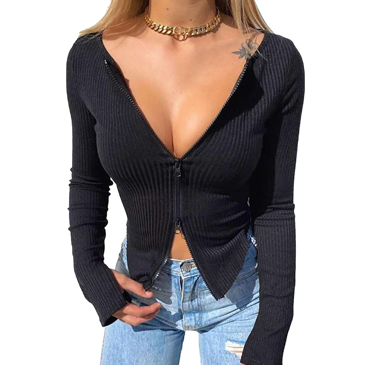 Ribbed Knitted Long Sleeve Crop Tops Tee