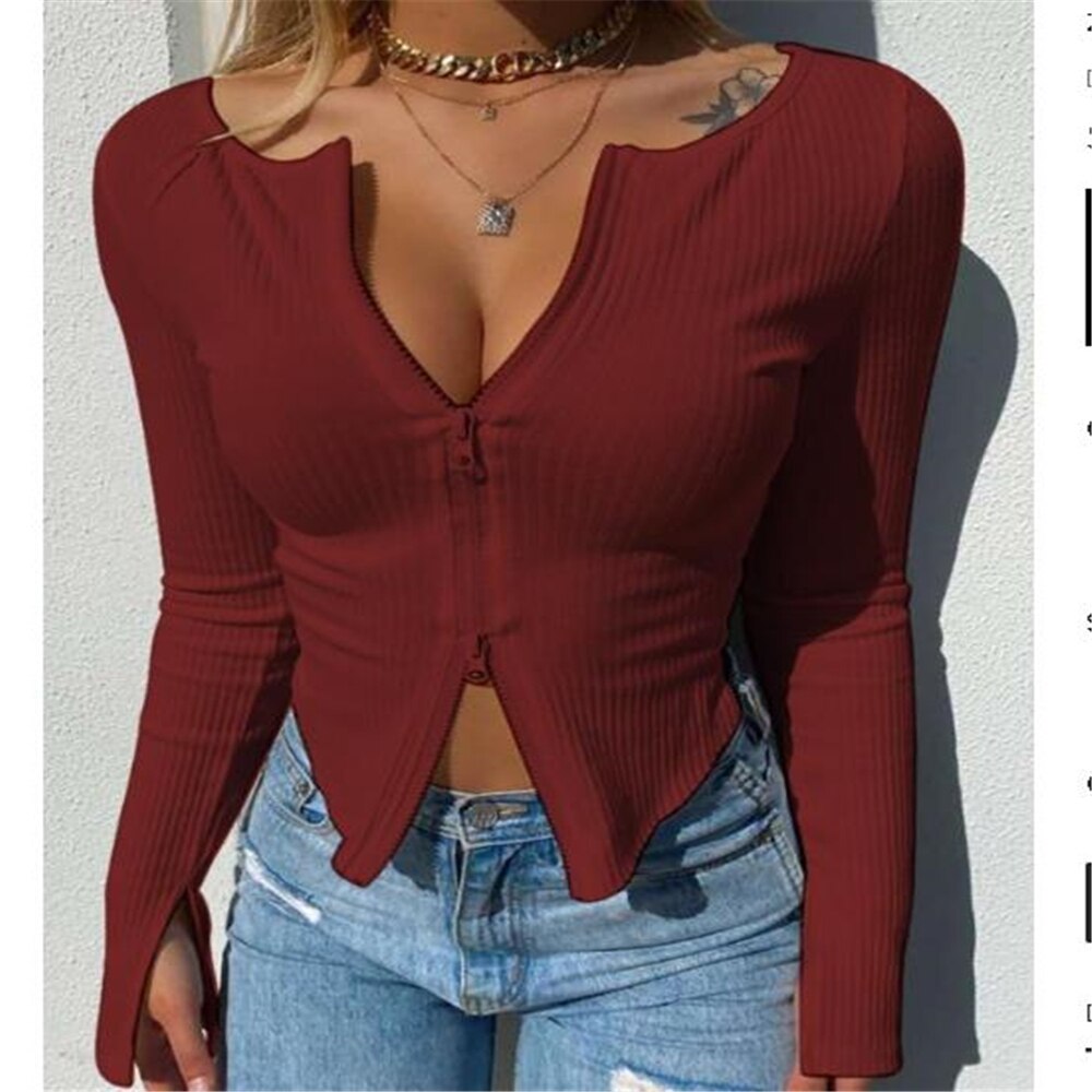 Ribbed Knitted Long Sleeve Crop Tops Tee