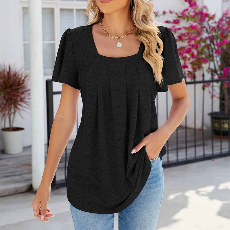 Square Pleated Short Sleeve WomenCasual Summer Street Outfit Blouse