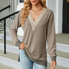 V Neck Patchwork Color Matching Hollow Out Mid Length Blouse
