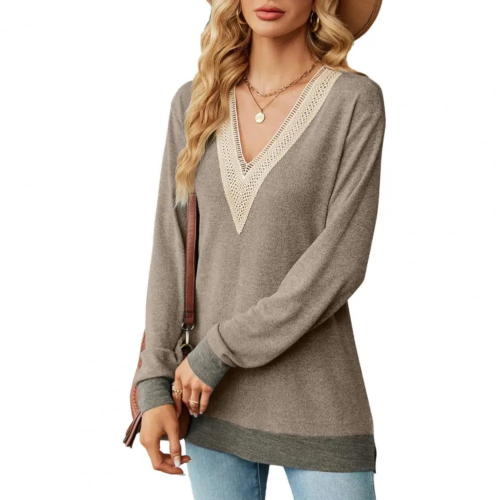 V Neck Patchwork Color Matching Hollow Out Mid Length Blouse
