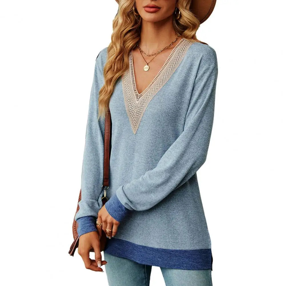 V Neck Patchwork Color Matching Hollow Out Mid Length Blouse
