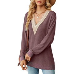 V Neck Patchwork Color Matching Hollow Out Mid Length Blouse