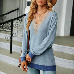 V Neck Patchwork Color Matching Hollow Out Mid Length Blouse