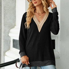 V Neck Patchwork Color Matching Hollow Out Mid Length Blouse