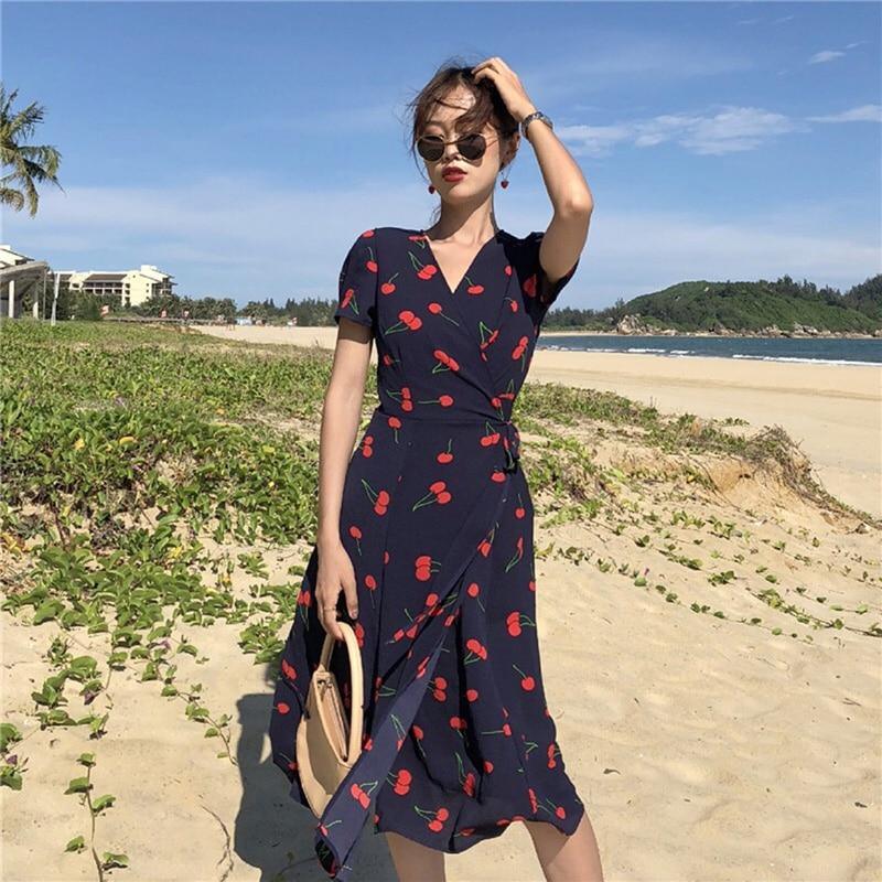 V Neck Short Sleeves Chiffon Bohemian Summer Print Cherry Female Dress