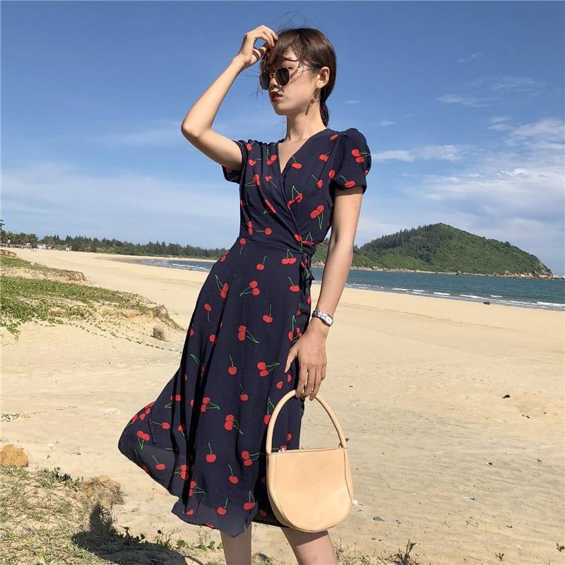 V Neck Short Sleeves Chiffon Bohemian Summer Print Cherry Female Dress
