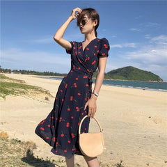 V Neck Short Sleeves Chiffon Bohemian Summer Print Cherry Female Dress