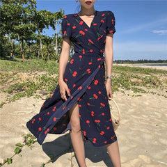V Neck Short Sleeves Chiffon Bohemian Summer Print Cherry Female Dress
