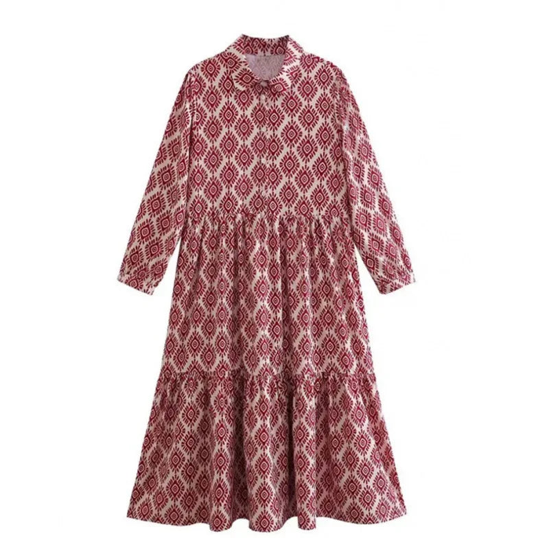 Vintage Print Turn-down Collar Long Sleeve Maxi Boho Dress