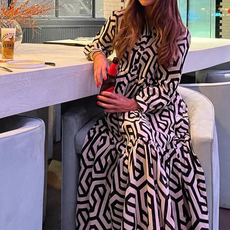 Vintage Print Turn-down Collar Long Sleeve Maxi Boho Dress
