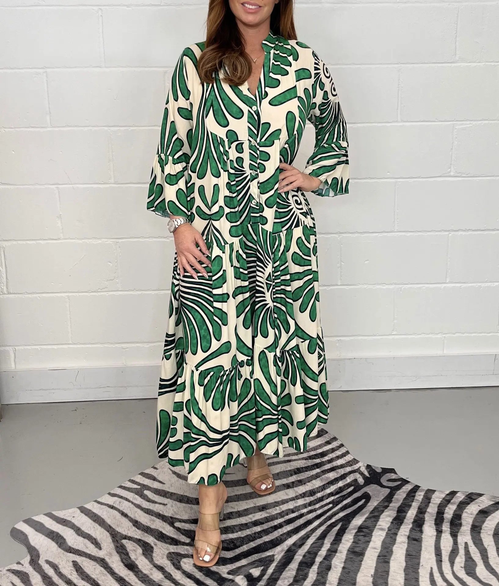 Vintage Print Turn-down Collar Long Sleeve Maxi Boho Dress