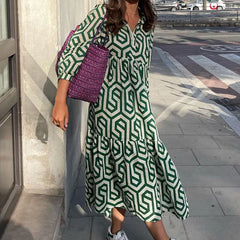 Vintage Print Turn-down Collar Long Sleeve Maxi Boho Dress