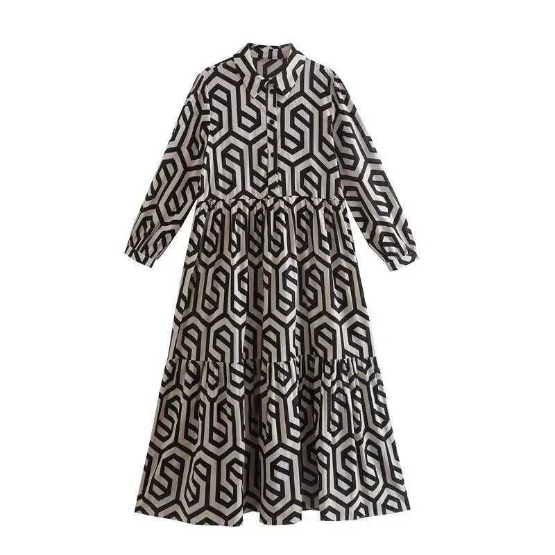 Vintage Print Turn-down Collar Long Sleeve Maxi Boho Dress
