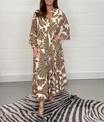 Vintage Print Turn-down Collar Long Sleeve Maxi Boho Dress
