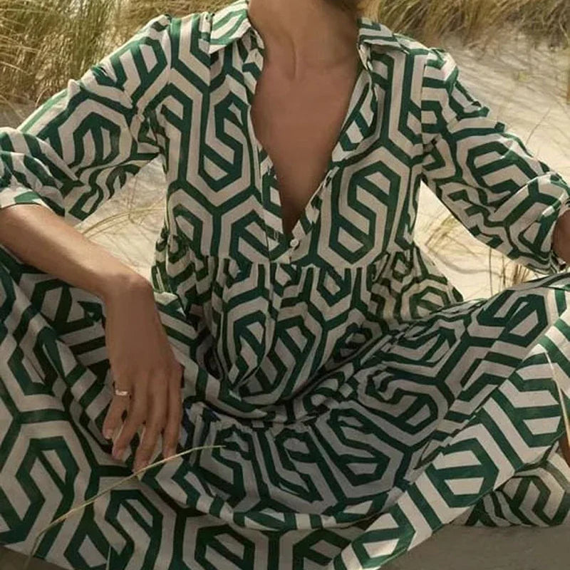 Vintage Print Turn-down Collar Long Sleeve Maxi Boho Dress