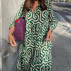 Vintage Print Turn-down Collar Long Sleeve Maxi Boho Dress