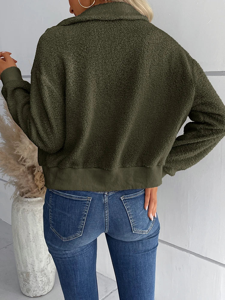Winter Sherpa Lapel Collar Zipper Blouses Tops Casual Shirt Female Clothes Outwear Fashion Coat
