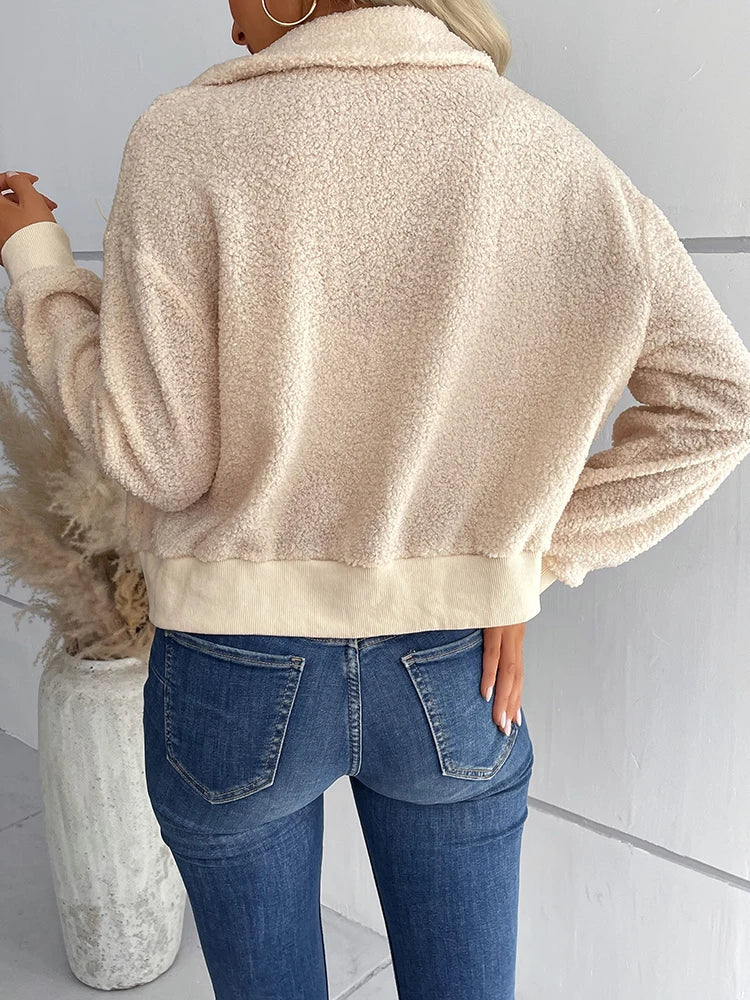 Winter Sherpa Lapel Collar Zipper Blouses Tops Casual Shirt Female Clothes Outwear Fashion Coat