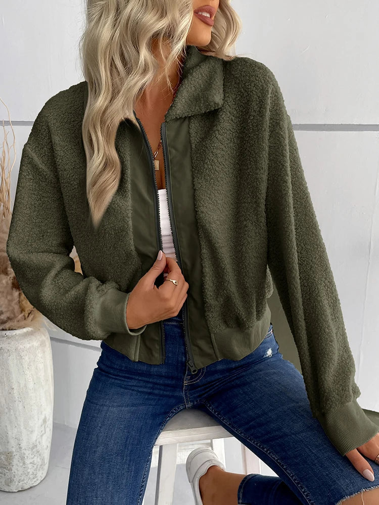 Winter Sherpa Lapel Collar Zipper Blouses Tops Casual Shirt Female Clothes Outwear Fashion Coat