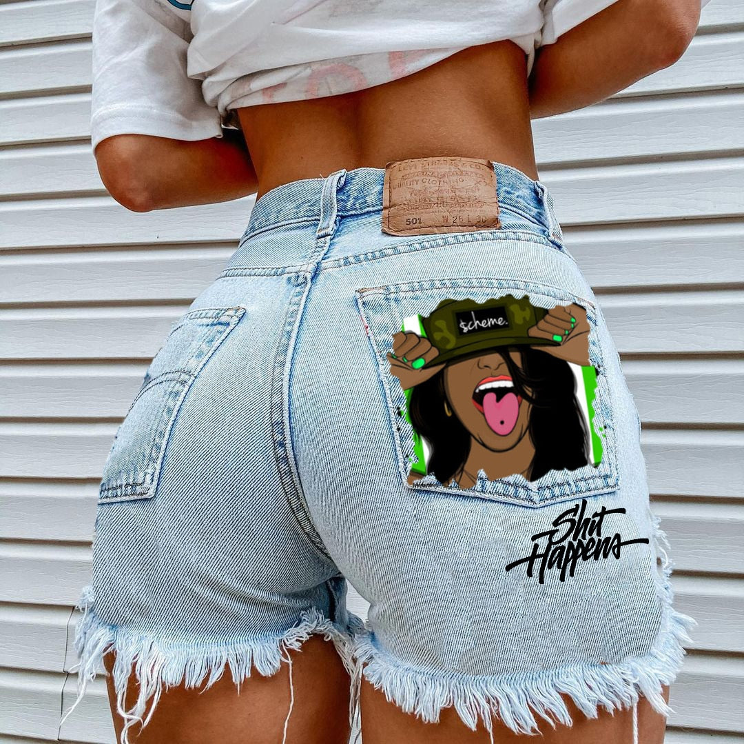 WomenHigh Street INS Net Red Playful Girl Pattern Printed Denim Shorts