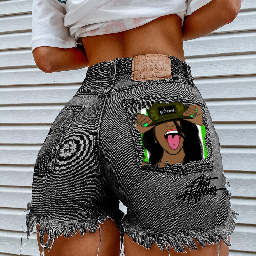 WomenHigh Street INS Net Red Playful Girl Pattern Printed Denim Shorts