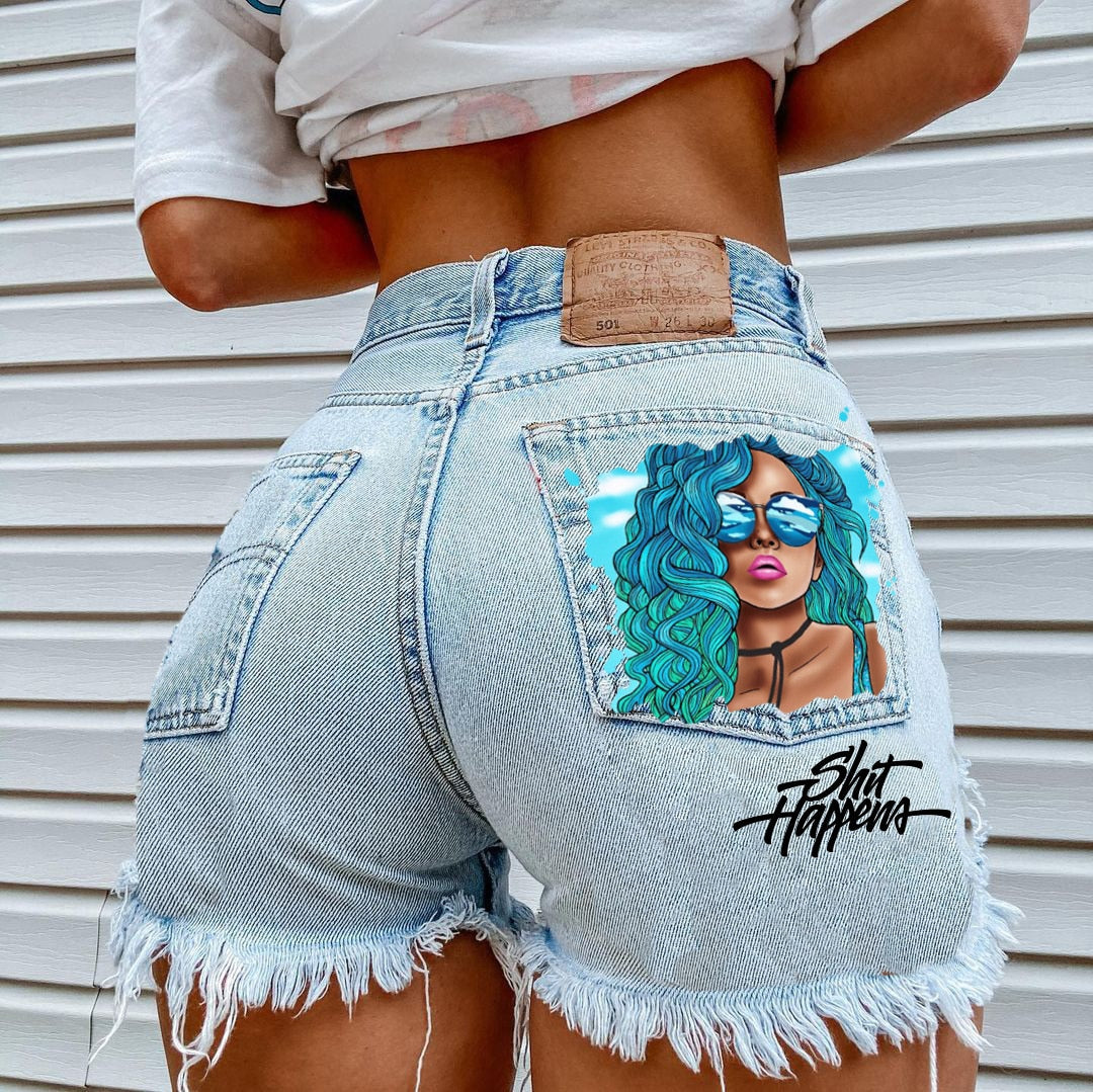 WomenHigh Street INS Net Red Playful Girl Pattern Printed Denim Shorts