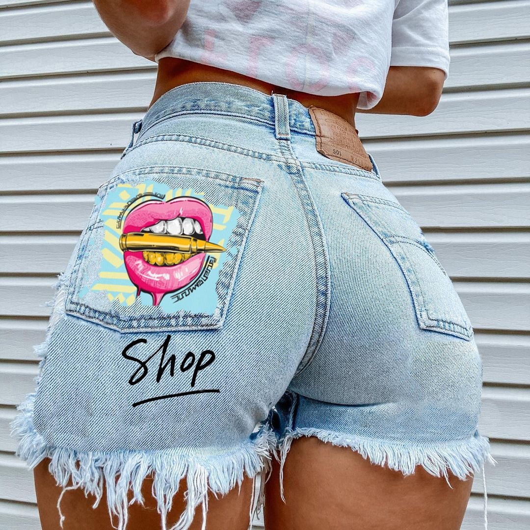 WomenHigh Street INS Net Red Playful Girl Pattern Printed Denim Shorts