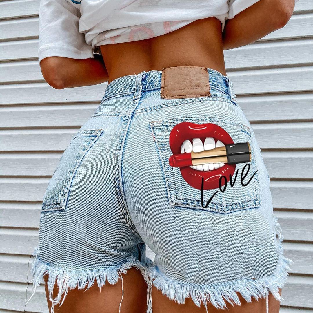 WomenHigh Street INS Net Red Playful Girl Pattern Printed Denim Shorts