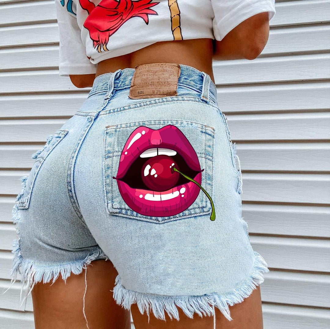 WomenHigh Street INS Net Red Playful Girl Pattern Printed Denim Shorts