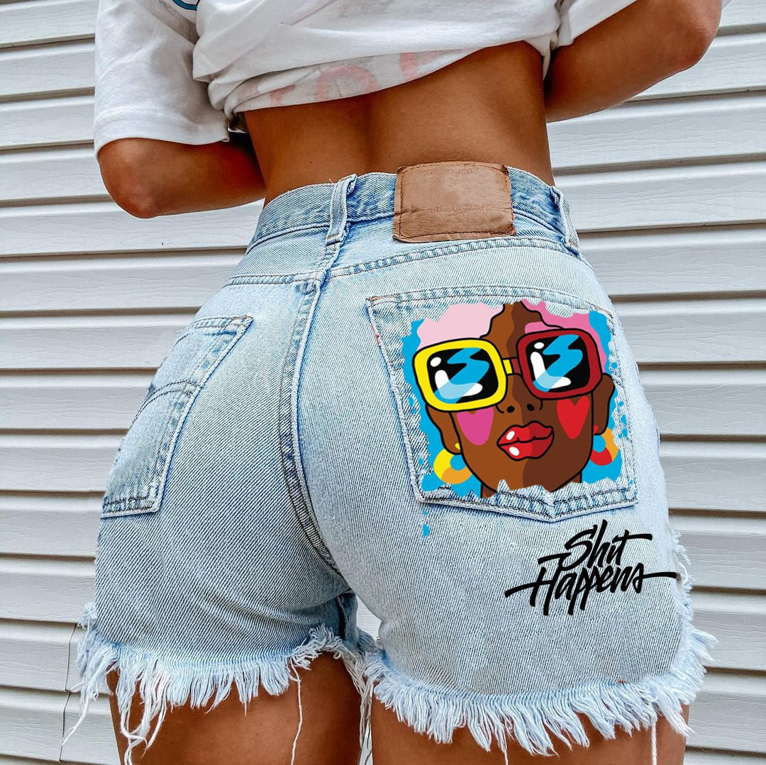 WomenHigh Street INS Net Red Playful Girl Pattern Printed Denim Shorts
