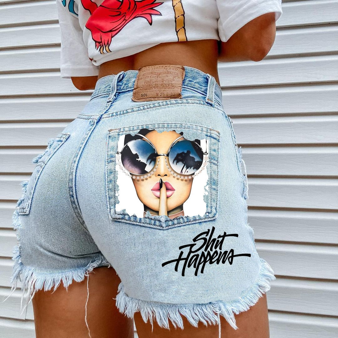 WomenHigh Street INS Net Red Playful Girl Pattern Printed Denim Shorts