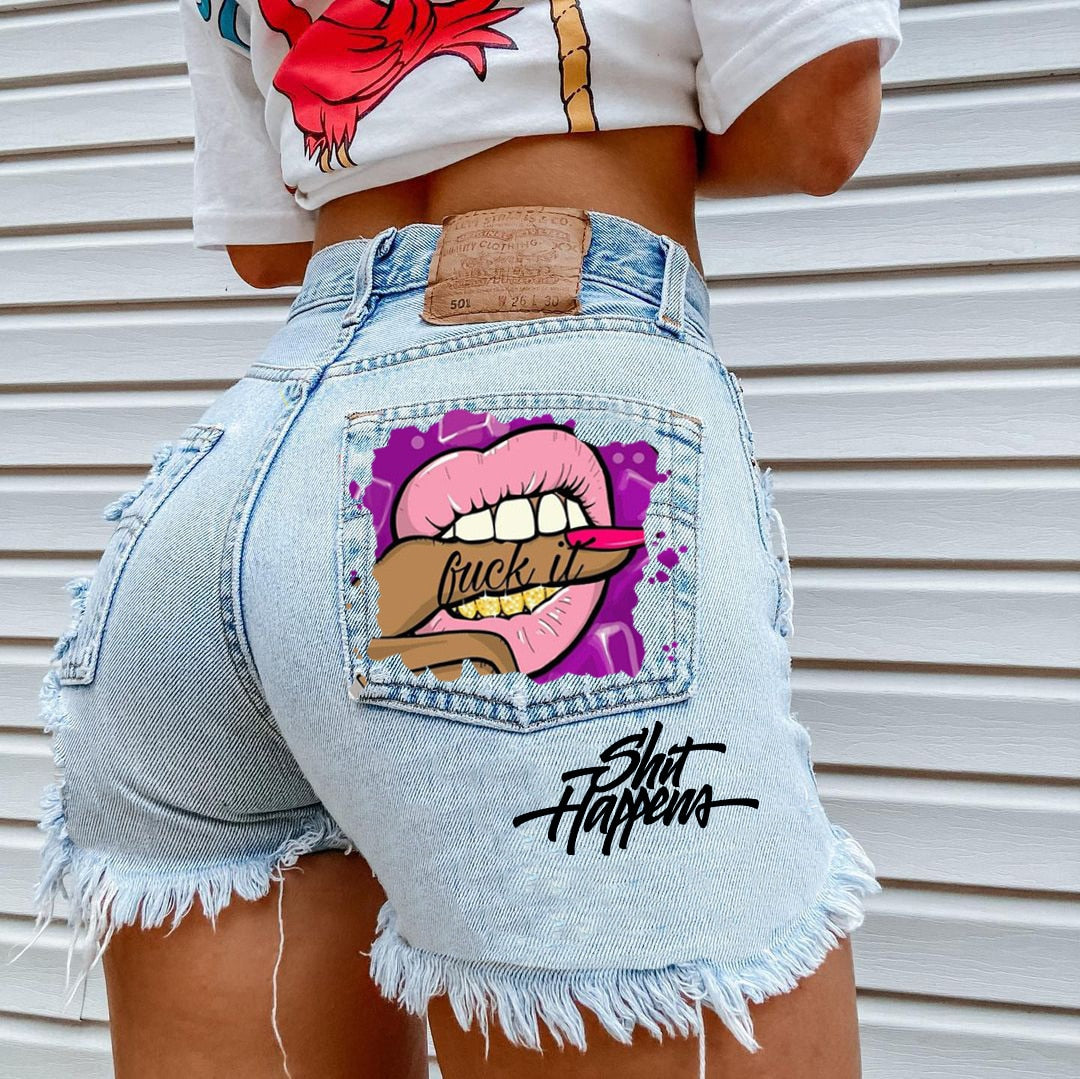 WomenHigh Street INS Net Red Playful Girl Pattern Printed Denim Shorts