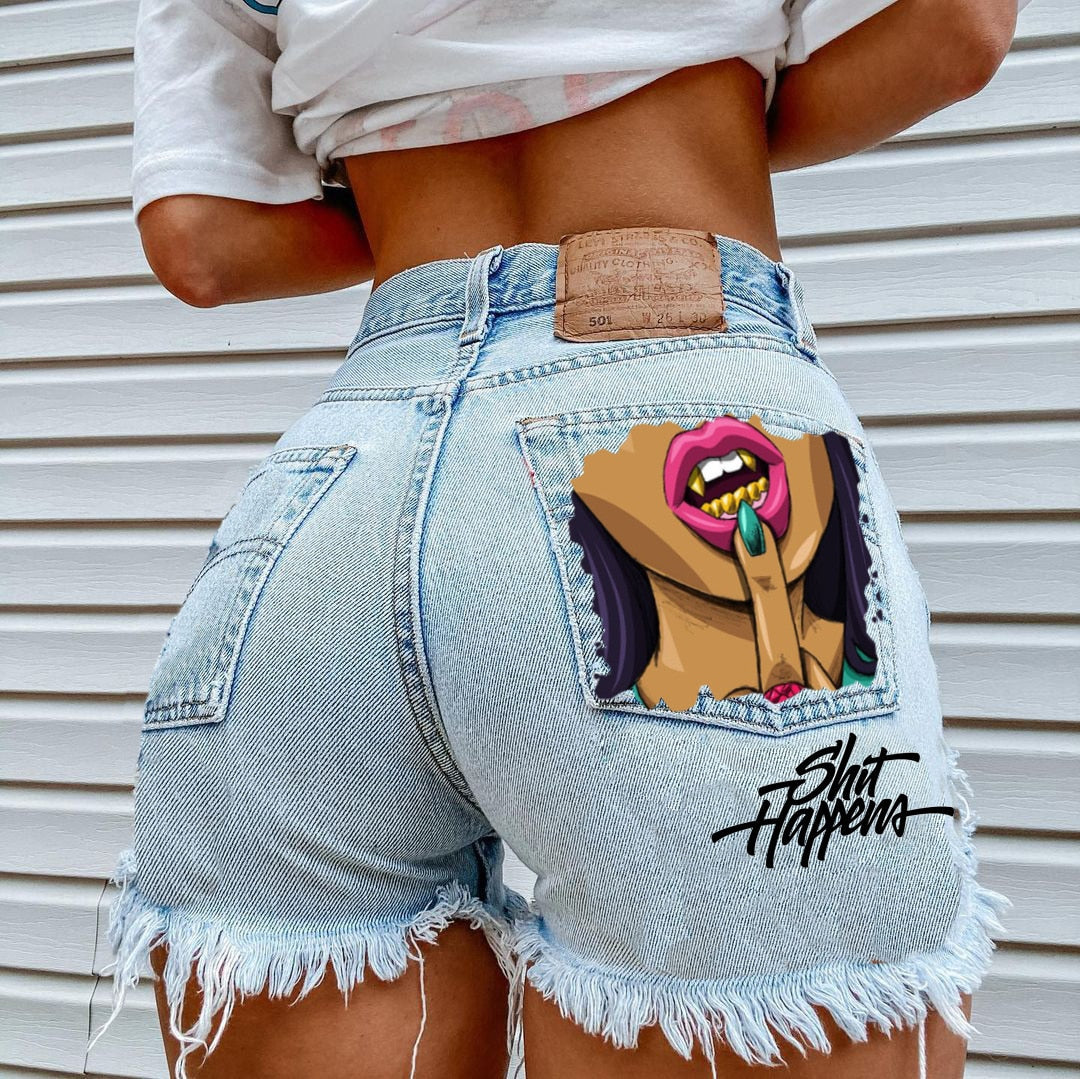 WomenHigh Street INS Net Red Playful Girl Pattern Printed Denim Shorts