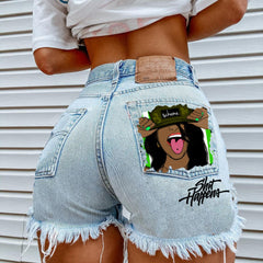 WomenHigh Street INS Net Red Playful Girl Pattern Printed Denim Shorts