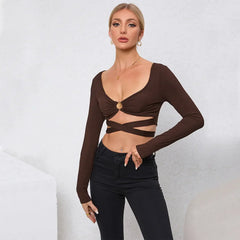 Hollow Slim Autumn and Winter New Long-sleeved Ultra-short Top T-shirt