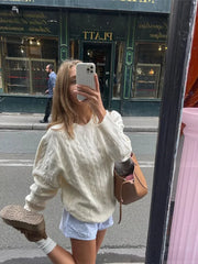 WomenBeige Thread O Neck Long Sleeves Pullover Fashion Long Sleeve Sweater