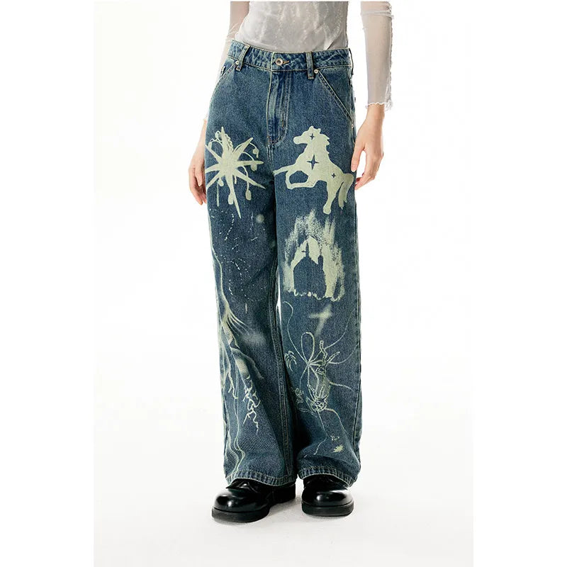 WomenBlue Graphic Print High Waist Denim Pants