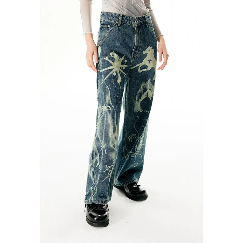 WomenBlue Graphic Print High Waist Denim Pants