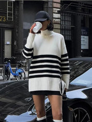 WomenContrast Stripe Knitted Pullover Elegant Turtleneck Long Sleeve Sweater