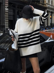 WomenContrast Stripe Knitted Pullover Elegant Turtleneck Long Sleeve Sweater