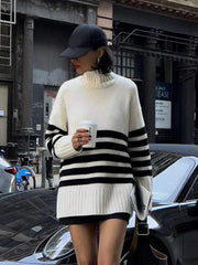 WomenContrast Stripe Knitted Pullover Elegant Turtleneck Long Sleeve Sweater